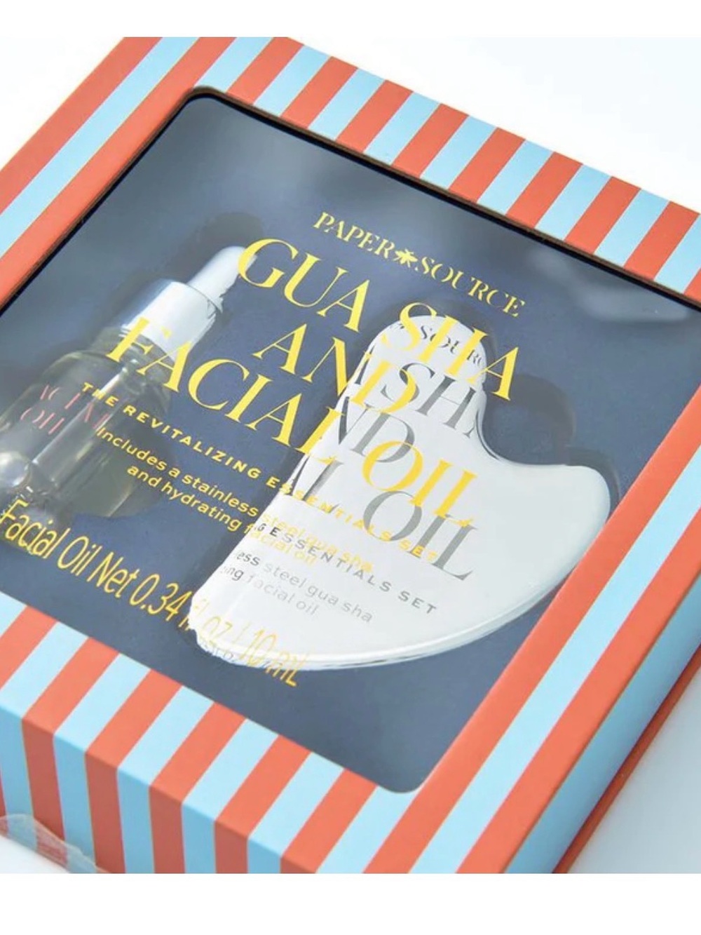 Paper Source Gua Sha & Facial Oil Set - Blue and Coral Striped Box New Sealed